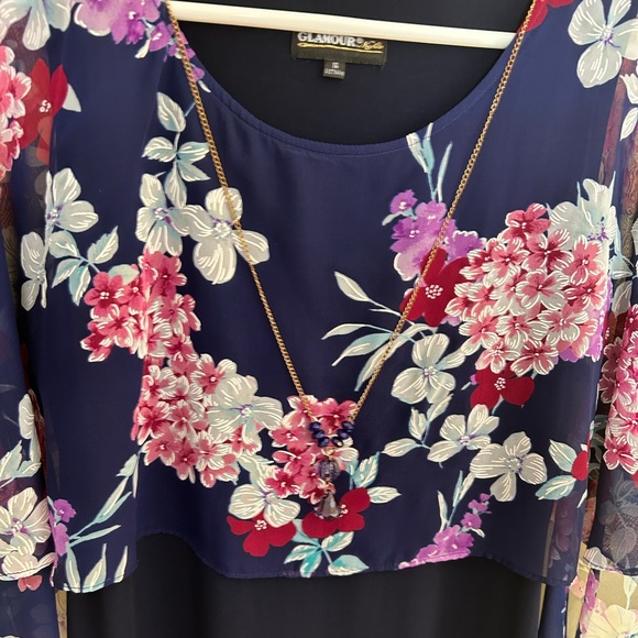 NWOT Floral Navy Dress with Sheer Floral Overlay, Cape Style & Perfect Details - Picture 12 of 12